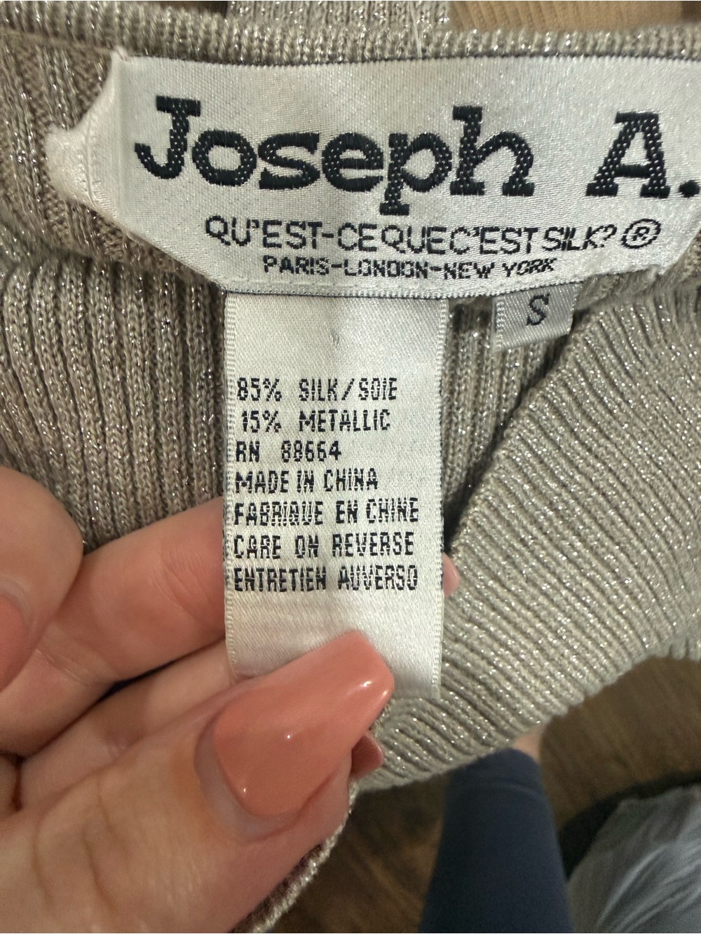 Vintage Joseph A Women’s S Silk Metallic Cardigan Sweater Silver Ribbed Y2K - Picture 3 of 3